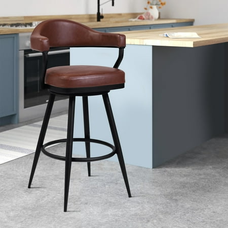 26 Inch Modern Vegan Faux Leather Counter Stool, Swivel, Metal, Brown - Saltoro Sherpi