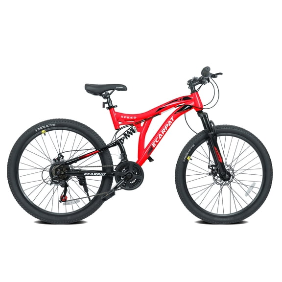 26 Inch Mountain Bike, 21-Speeds Mountain Bicycle with Full Suspension, Alloy Rims and Dual Disc Brakes, Steel Frame MTB Bike for All Terrains, Adults Men Women, Red