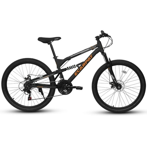 26 Inch Mountain Bike Full Suspension, 21 Speed Mountain Bicycle with Double Disc Brakes, Carbon Steel Frame Commuter City Bike for Adult Men Women, Black-Orange