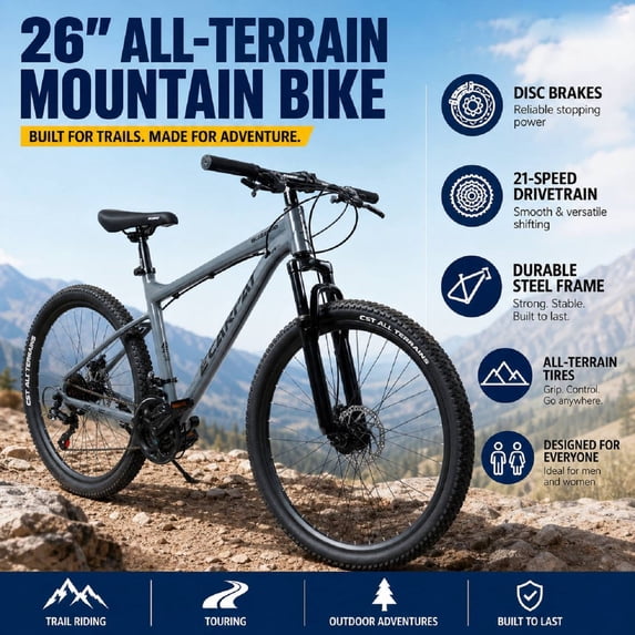 26 Inch Mountain Bike for Adults, 21-Speed Drivetrain with Disc Brakes ...