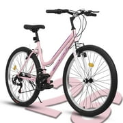 26 Inch Mountain Bike for Women, 21 Speed Mountain Bicycle with V-Brake and Carbon Steel Frame, Female Commuting City Bike to School Work, Pink