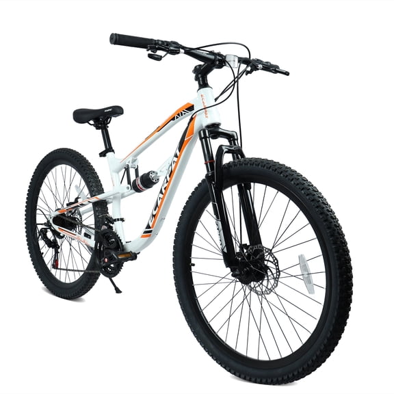 26 Inch Mountain Bike with 21-Speeds & Full Suspension Steel Frame,White&Orange
