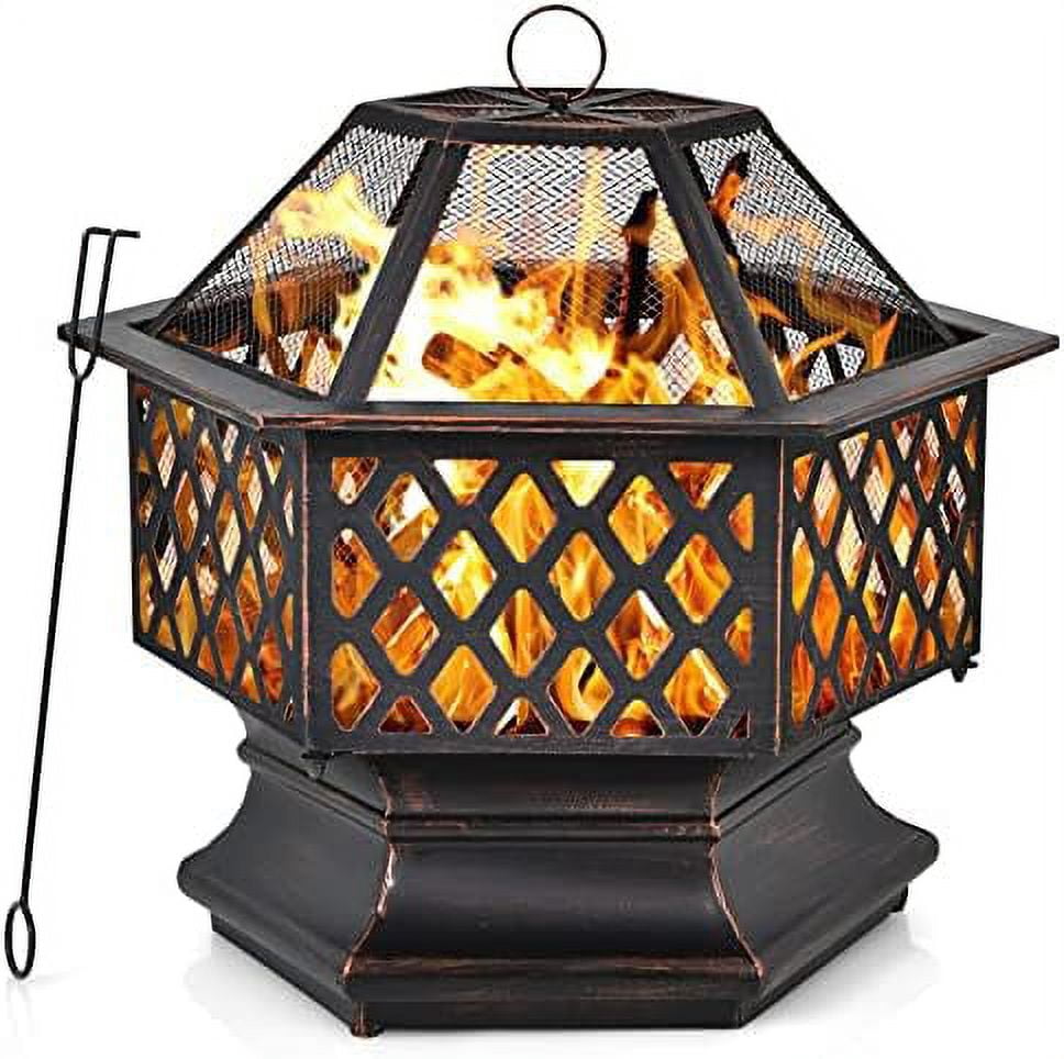26 Inch Outdoor Fire Pit, Large Hexagonal Fire Bowl With Spark Screen