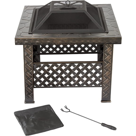 26-Inch Outdoor Firepit Table with Screen, Cover, and Poker - Outdoor Fire Pits for Backyard, Deck, Patio, or Porch (Bronze)