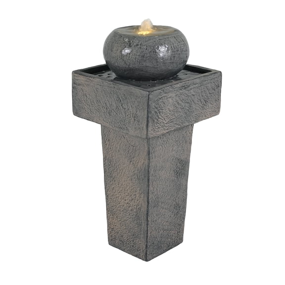 26 Inch Outdoor Water Fountain with LED Light, Concrete Column Floor Standing Fountain with Quiet Pump, Modern Square Pedestal Waterfall Decor for Garden, Patio, Backyard, Deck, Gray