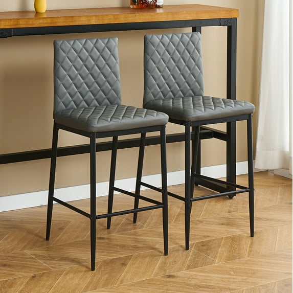 26 Inch PU Leather Counter Height Dining Chairs, Diamond-Shaped Dining Chair with Black Metal Legs, Simple Bar Stool Upholstered Dining Chairs, Accent Desk Chair Dining Room(Gray,Set of 2)