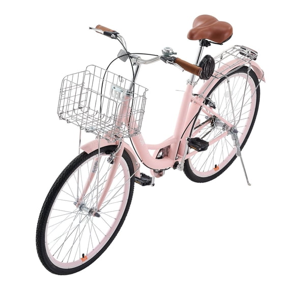 26-Inch Pink Cruiser Bike with Basket & Rear Rack, Single-Speed Women's Bicycle for Beach, Exercise, and Shopping, Adjustable Seat