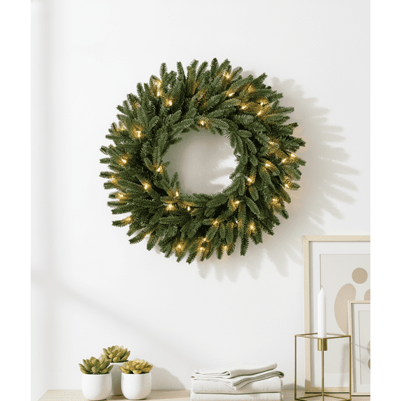26 Inch Pre-lit Fraser Fir Christmas Wreath LED Clear Lights Artificial Greenery Front Door Decoration Holiday Wall Decor Festive Xmas Seasonal Round