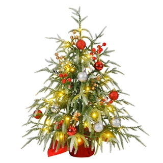 26 Inch Prelit Tabletop Christmas Tree Artificial Norfolk Pine 50 LED Lights with 8 Modes & Timer Decorated Tabletop Lighted Christmas Tree with Red Gold Berries Christmas Ornaments Velvet Base