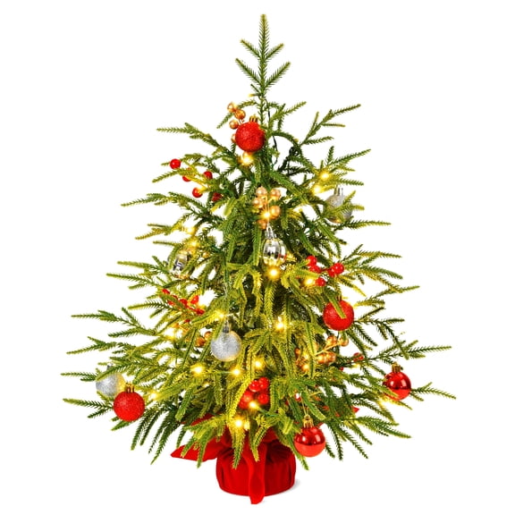 26 Inch Prelit Tabletop Christmas Tree Artificial Norfolk Pine 50 LED Lights with 8 Modes & Timer Decorated Tabletop Lighted Christmas Tree with Red Gold Berries Christmas Ornaments Velvet Base