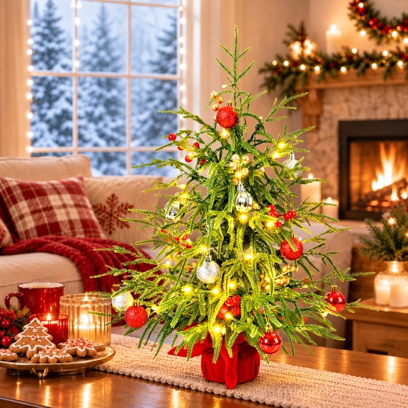 26 Inch Prelit Tabletop Christmas Tree Artificial Norfolk Pine 50 LED Lights with 8 Modes & Timer Decorated Tabletop Lighted Christmas Tree with Red Gold Berries Christmas Ornaments Velvet Base