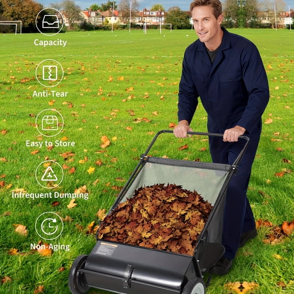 26-Inch Push Lawn Sweeper with 4 Spinning Brushes and 7 Cubic Foot Capacity Bag, Adjustable Height Durable Steel Frame for Collecting Grass, Leaves, and Debris on All Terrains