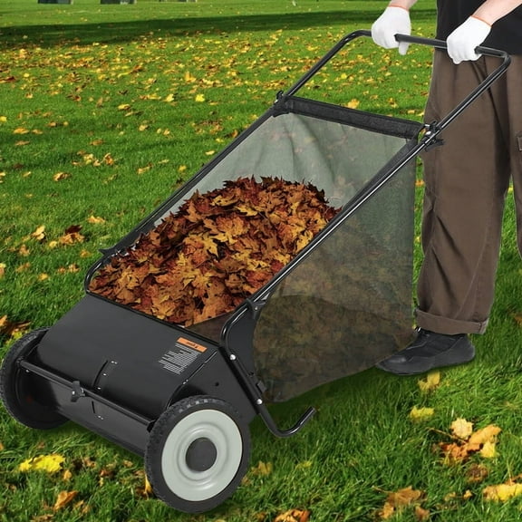 26-Inch Push Lawn Sweeper, 7 Cu. Ft. Hopper Capacity Leaf & Grass Collector with 4 Spinning Brushes, Adjustable Height, for Grass Clippings,Black