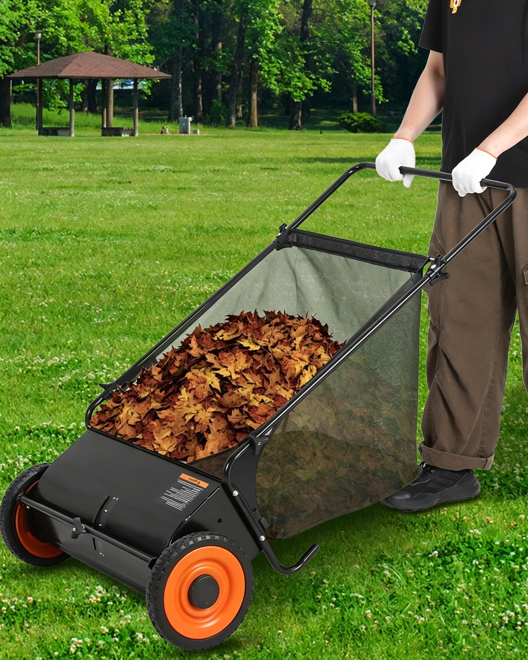 26-Inch Push Lawn Sweeper, 7 Cu. Ft. Hopper Leaf & Grass Collector, 4 Spinning Brushes, 3.5 ft/7ft Capacity Heavy Duty Steel Frame, Ideal for Yard and Garden Clean Up