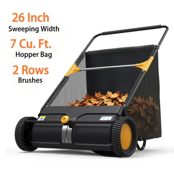 26 Inch Push Lawn Sweeper, 7 Cu. Ft. Manual Leaf & Grass Collector with Adjustable Brush Height, 2 Spinning Brushes for Yard Lawn Patio Cleaning