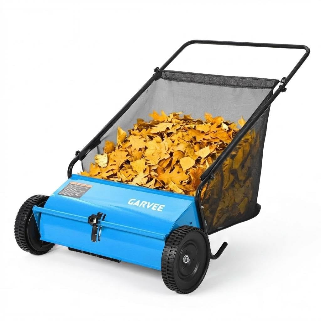 26 Inch Push Lawn Sweeper, 7 Cu. ft Grass Cutter, 4 High-Speed Spinning Brushes, Durable Steel Construction, Walk-Behind Leaf & Grass Collector for Yard Cleanup