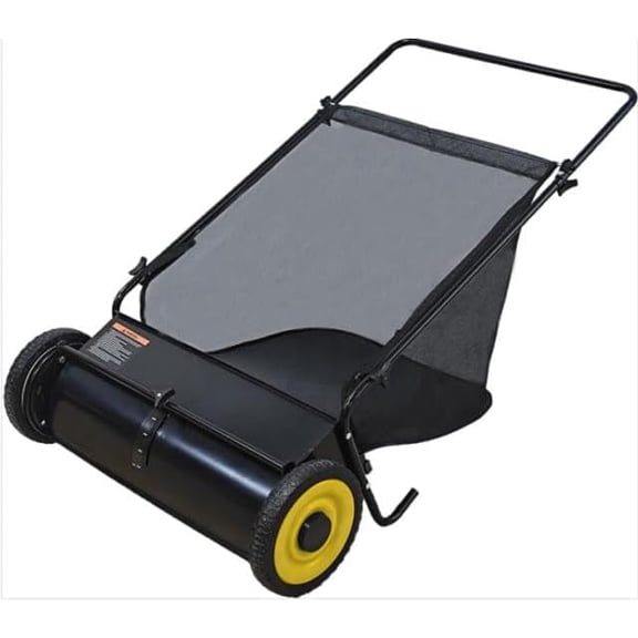 26-Inch Push Lawn Sweeper, Grass, Lawn and Leaf Cleanup Collector with Large 7 cu. ft. Hopper Bag, and Dual Spinning Brushes, Black
