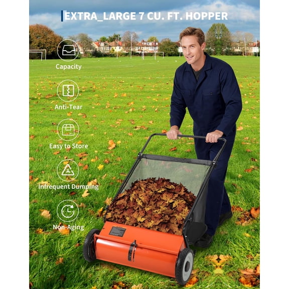 26 Inch Push Lawn Sweeper – Heavy Duty Yard Leaf Sweeper with 4 Spinning Brushes, 7 Cu. Ft. Collection Bag, Adjustable Height Manual Grass & Debris Sweeper for Lawn, Patio & Driveway