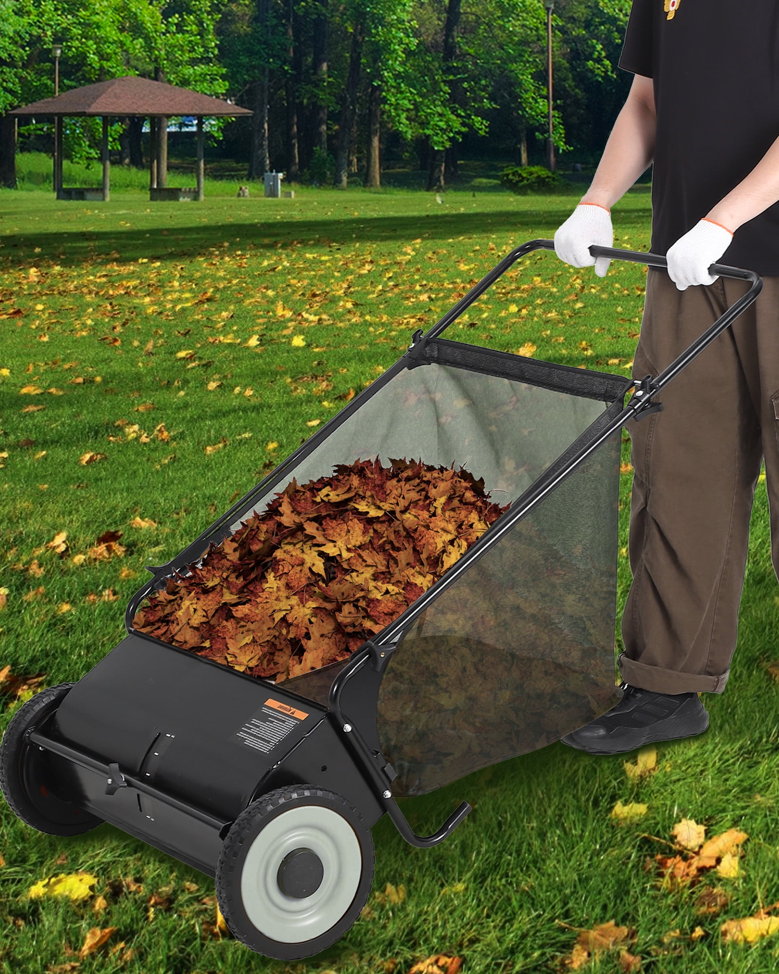 26-Inch Push Lawn Sweeper, Walk-Behind Leaf and Grass Collector with 7 Cu. Ft. Adjustable Hopper, Fast-Spinning Brushes for Yard Cleanup