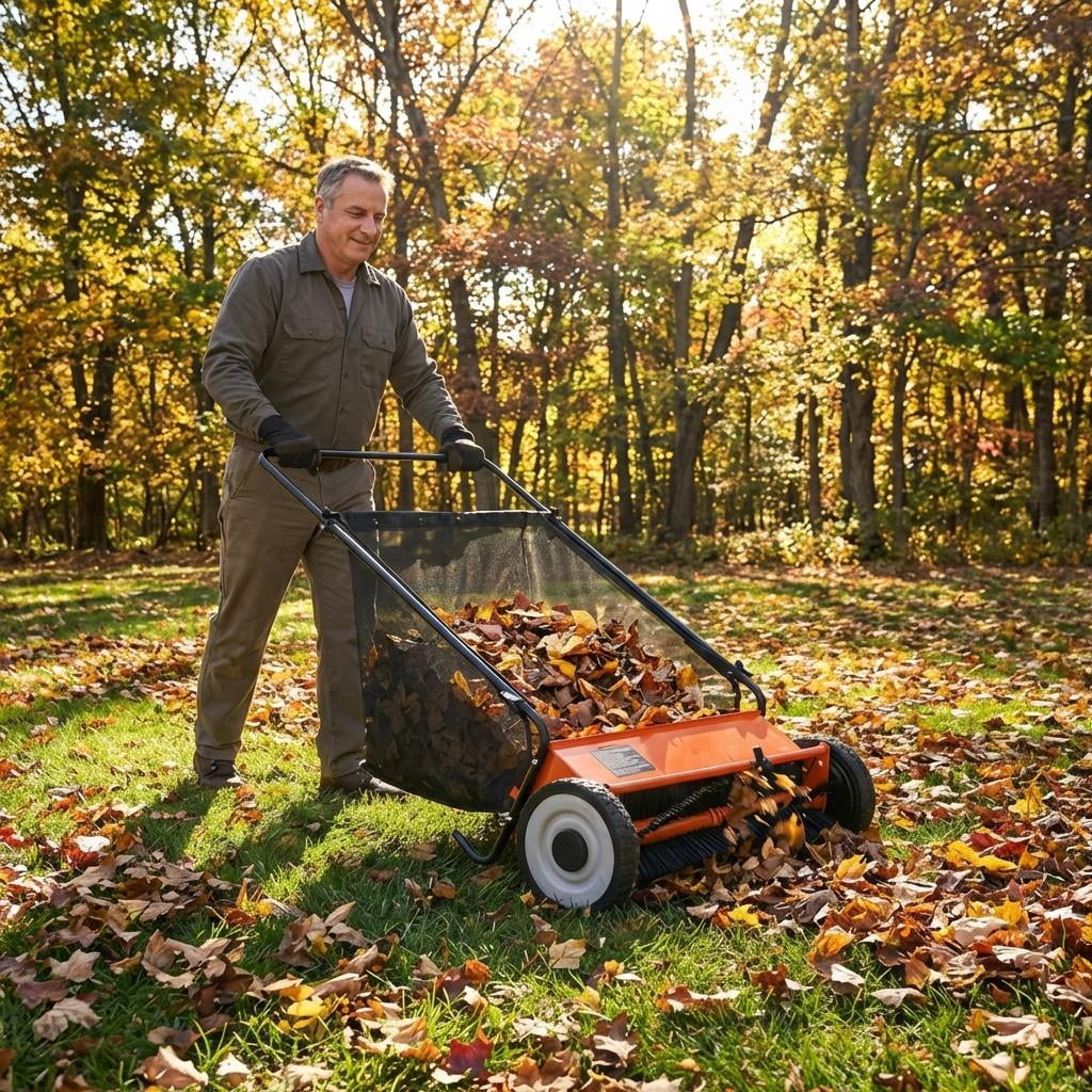 26-Inch Push Leaf Collector, 7 Cubic Feet Hopper Lawn Sweeper with 4 Rotating Brushes, Heavy-Duty Steel Frame for Yard/Driveway/Patio Cleaning, Orange