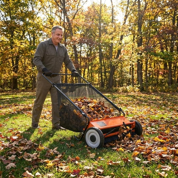 26-Inch Push Leaf Collector, 7 Cubic Feet Hopper Lawn Sweeper with 4 Rotating Brushes, Heavy-Duty Steel Frame for Yard/Driveway/Patio Cleaning, Orange