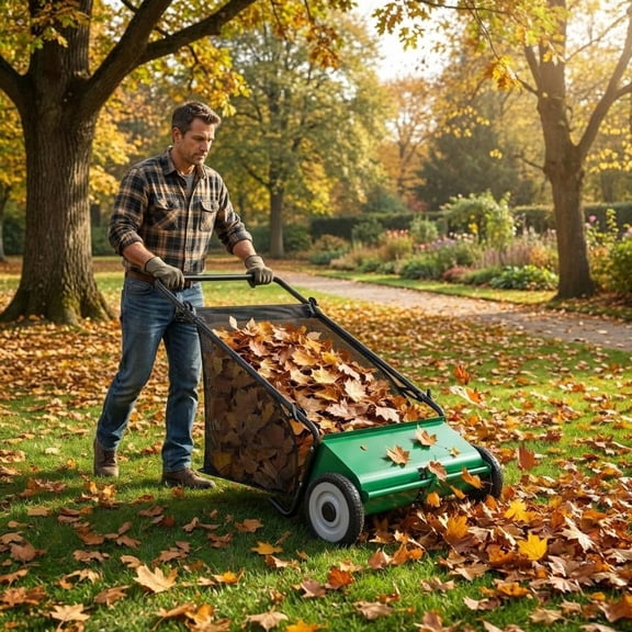 26-Inch Push Leaf Collector, 7 Cubic Feet Hopper Lawn Sweeper with 4 Rotating Brushes, Heavy-Duty Steel Frame for Yard/Driveway/Patio Cleaning, Green