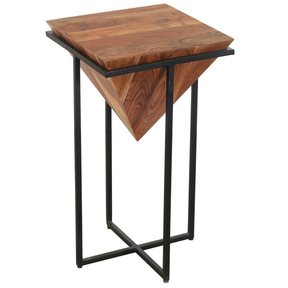 Ida 26 Inch Pyramid Shape Acacia Wood Side End Table With Cross Iron Base- Brown
