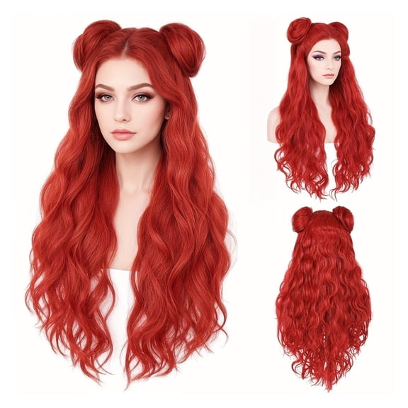 26-Inch Reddish Brown Double Bun Head Hair Wigs - Long Curly Natural Style for Parties, Cosplay, and Everyday Wear