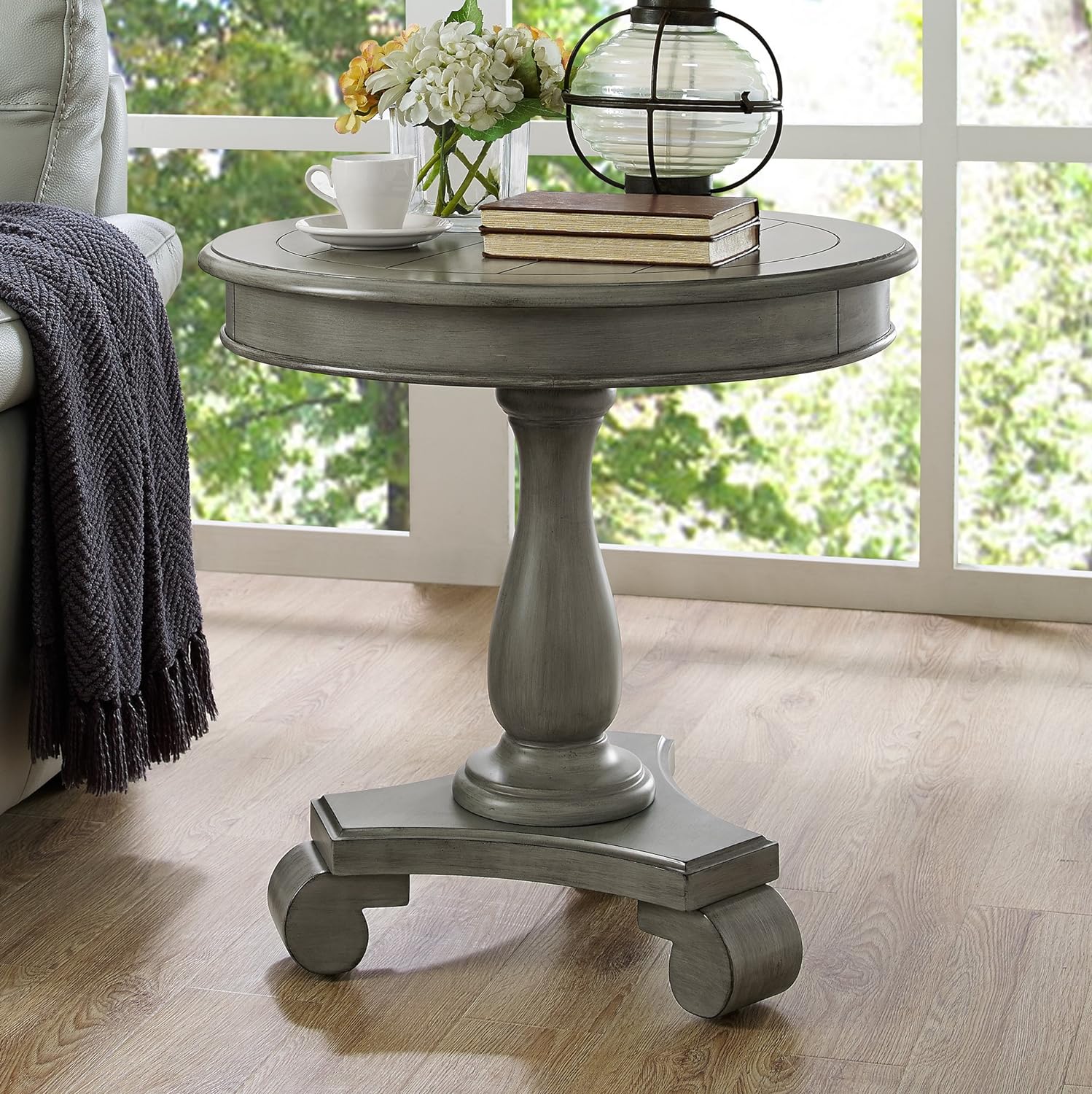 26 Inch Round Wood Pedestal Side Table - End Table with Scrolled Legs ...