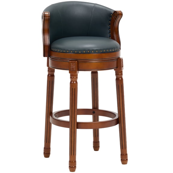 26 Inch Seat Height Blue Genuine Cowhide Leather Swivel Counter Height Bar Stool with Curved Backrest, Solid Hardwood Frame 360 Rotatable Kitchen Pub Bar Chair, 10-Minute Quick Assembly Home Counter