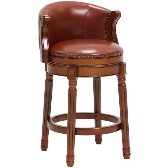 26 Inch Seat Height Brown Genuine Cowhide Leather Swivel Bar Stool with Curved Backrest, Solid Hardwood Frame Counter Height Bar Chair, 360 Rotatable Kitchen Pub Stool Fast 10-Minute Assembly