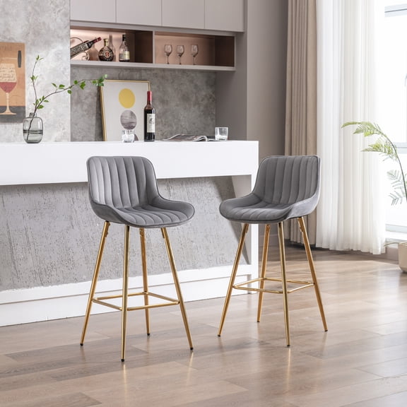 26 Inch Set Of 2 Stools, With Chrome Footrest Velvet Fabric Counter Stool Golden Leg Simple Stool,Gray