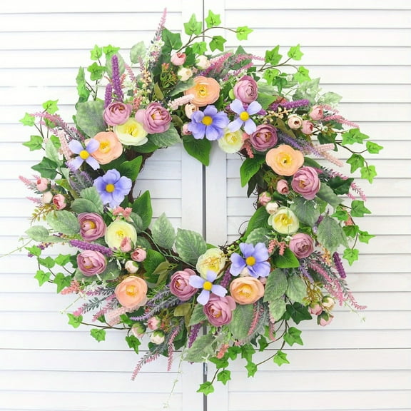 26 Inch Spring Summer Wreath for Front Door with Peony Flowers, Artificial Decor Decorations for Outdoor, Indoors, Valentine, Wedding Pink&Purple&Green, Seasonal Wreath.