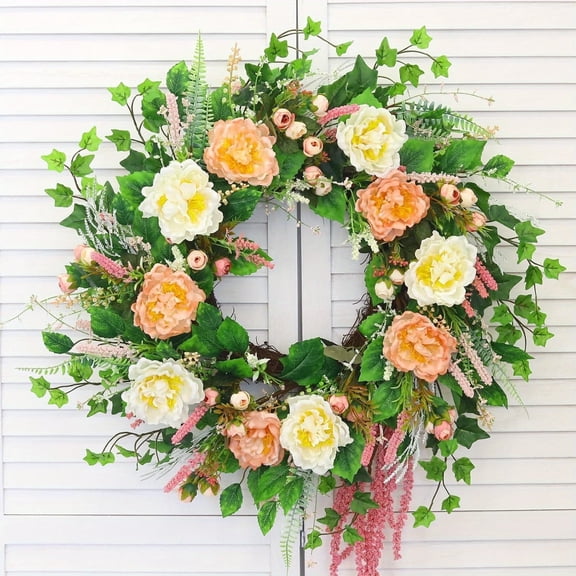 26 Inch Spring Wreaths for Front Door, Seasonal Wreath, Large Peony Flower Summer Door Wreaths with Green Leaves, Artificial Decor Decorations for Outdoor, Indoors, Valentine, Wedding