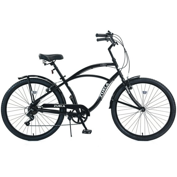 26-Inch Steel Frame Beach Cruiser Bike for Women/Men/Seniors, 7-Speed City Commuter Hybrid with Stable Handling, Black