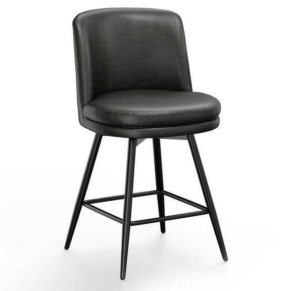 26 Inch Swivel Bar Stool with Backrest, PU Faux Leather Counter Height Stool for Kitchen Island, Home Bar or Dining Room, Round Cushioned Seat and Metal Legs, Black
