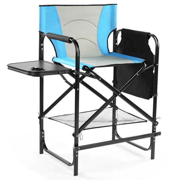 26-Inch Tall Directors Chair with Footrest, Bar Height Portable Folding Camping Chair with Built-in Cup Holder, Side Table, and Storage Pocket, Blue and Gray