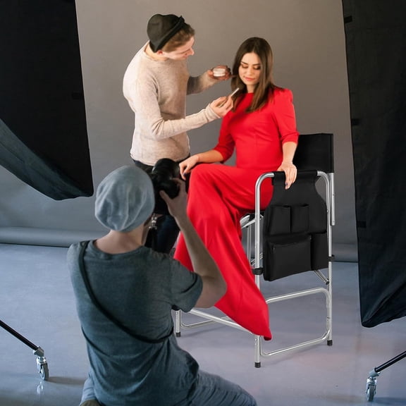 26 Inch Tall Folding Director Chair with Side Table and Retractable Footrest, Portable Bar Height Makeup Artist Chair, Steel Frame 300 lbs Capacity, Black