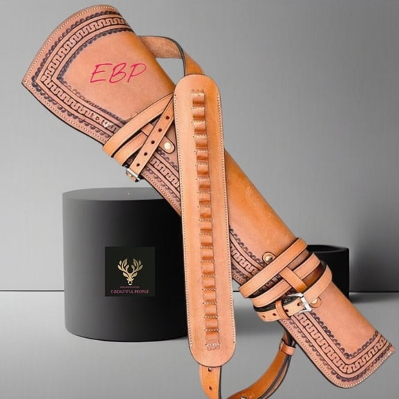 26 Inch Tooled Leather Rifle Scabbard, Soft Lined Western Saddle Case with Adjustable Straps, Brown