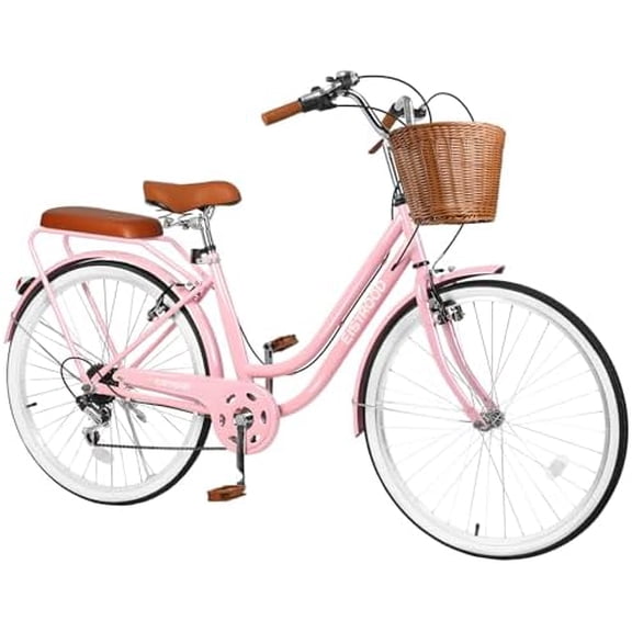 26 Inch Unfolding Beach Cruiser Bike for Women, 7-Speed Ladies Bike with Basket & Rack, Perfect for City Commuting's Bicycle, Ideal for Women and Adults (Pink - Double Bar/Unfold, 26)