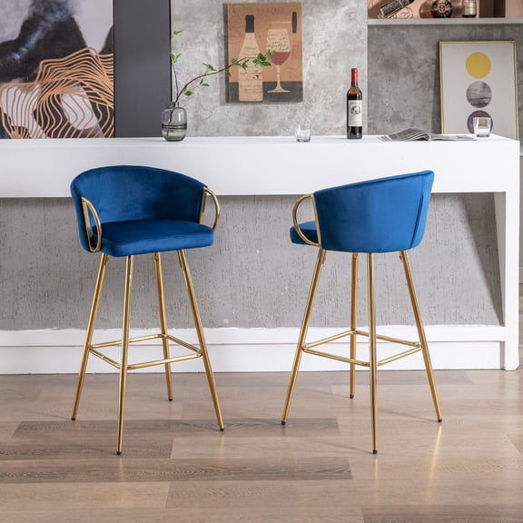 26 Inch Velvet Dining Chairs, Modern Dining Chair with Golden Metal Legs, Simple Bar Stool Upholstered Dining Chairs, Accent Desk Chair Dining Room, Kitchen, Vanity, Living Room(Blue,Set of 2)