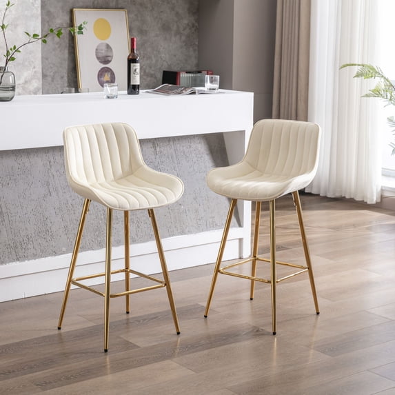 26 Inch Velvet Dining Chairs, Modern Dining Chair with Golden Metal Legs, Simple Bar Stool Upholstered Dining Chairs, Counter Height Low Back Dining Room, Kitchen, Vanity(Cream,Set of 2)
