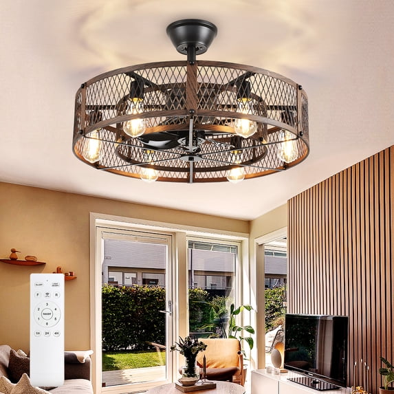 26-Inch Walnut Outdoor Ceiling Fan with Light: Ceiling Fan with Smart Remote Control, Farmhouse Cage Design, 6-Speed Reversible - Flush Mount for Patio, Kitchen, Bedroom