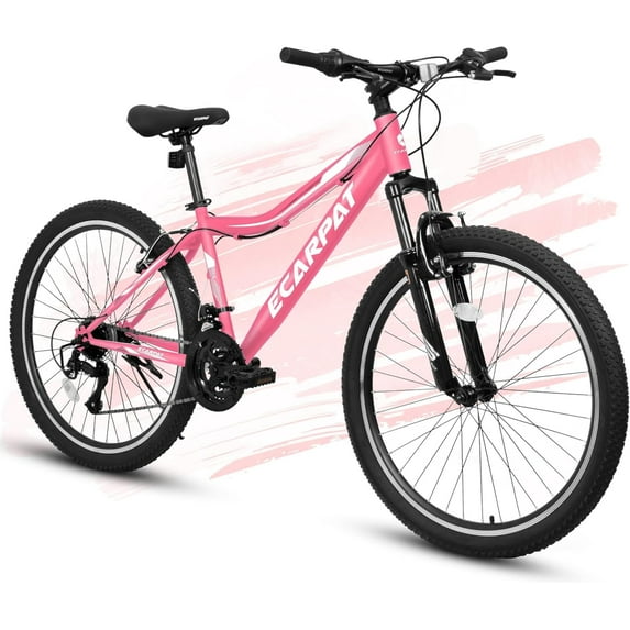 26 Inch Women Mountain Bike, 21 Speed Mountain Bicycle with Front Suspension, Carbon Steel Frame and Dual V-Brakes, Trail Commuter City Bike MTB for Women, Pink