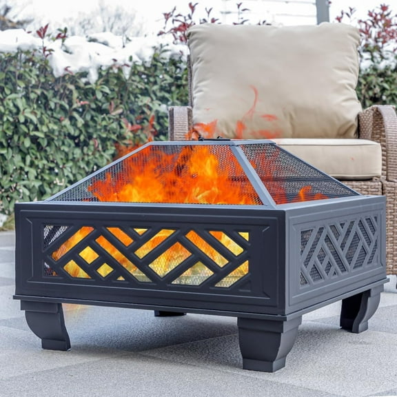 26 Inch Wood Burning Fire Pit with Cooking Grill & Spark Screen, Outdoor Metal Firepit for Patio, Backyard, Camping, Bonfire Party, Garden BBQ, Portable Fireplace, Black