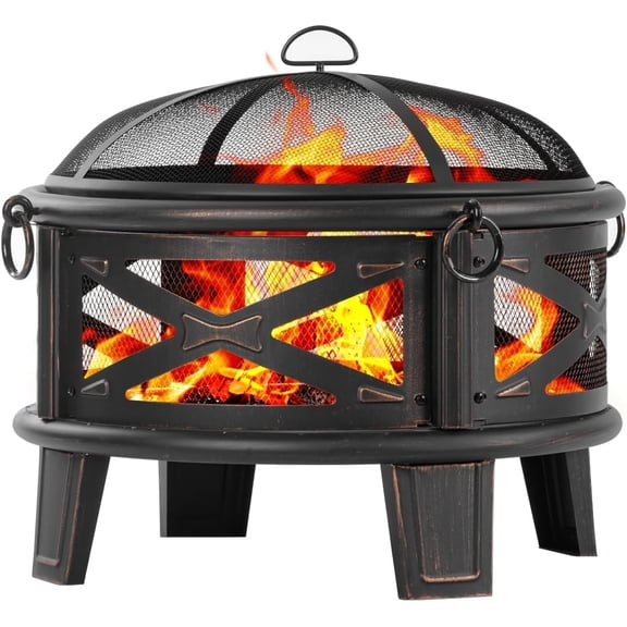 26 Inch Wood Burning Fire Pit with Cooking Grill and Spark Screen, Outdoor Metal Round Firepit for Patio, Backyard, Bonfire Party, Camping