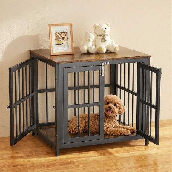 26 Inch Wooden End Table Dog Crate Furniture with Multiple Secure Locks, Heavy Duty Indoor Dog Kennel for Small/Medium Dogs, Decorative Pet Cage for Home Use,Aged Black