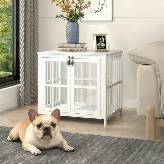 YOKWOK 26 Inch Dog Crate Furniture with Secure Locks & Wood Top, 2-In-1 Thick Wooden Dog Crate End Table, Heavy Duty Indoor Dog Kennel for for Small Dogs, White