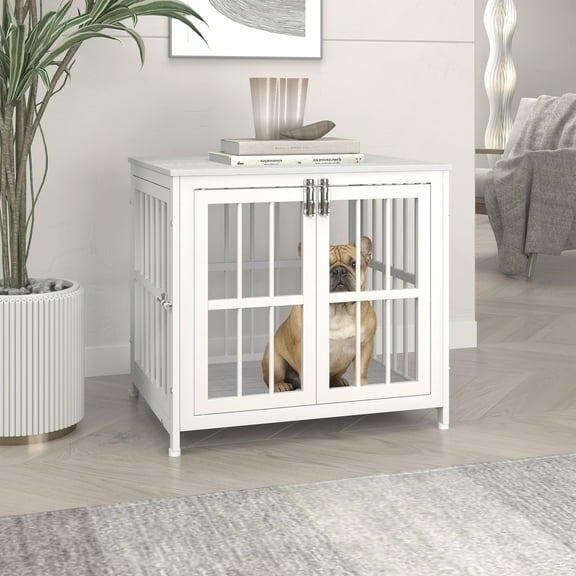 26 Inch Wooden End Table Dog Crate Furniture with Multiple Secure Locks, Heavy Duty Indoor Dog Kennel for Small/Medium Dogs, Decorative Pet Cage for Home Use,White