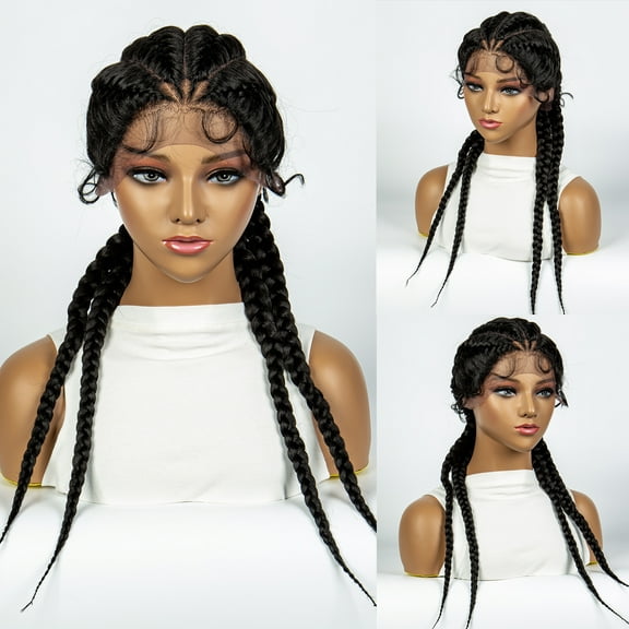 26 Inches Synthetic Lace Front Wigs Braided Wigs Lace Front Dutch Twins Cornrows Braids Wig With Baby Hair for Women (1B Color)